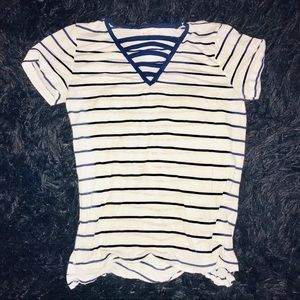 Navy blue striped caged T-shirt